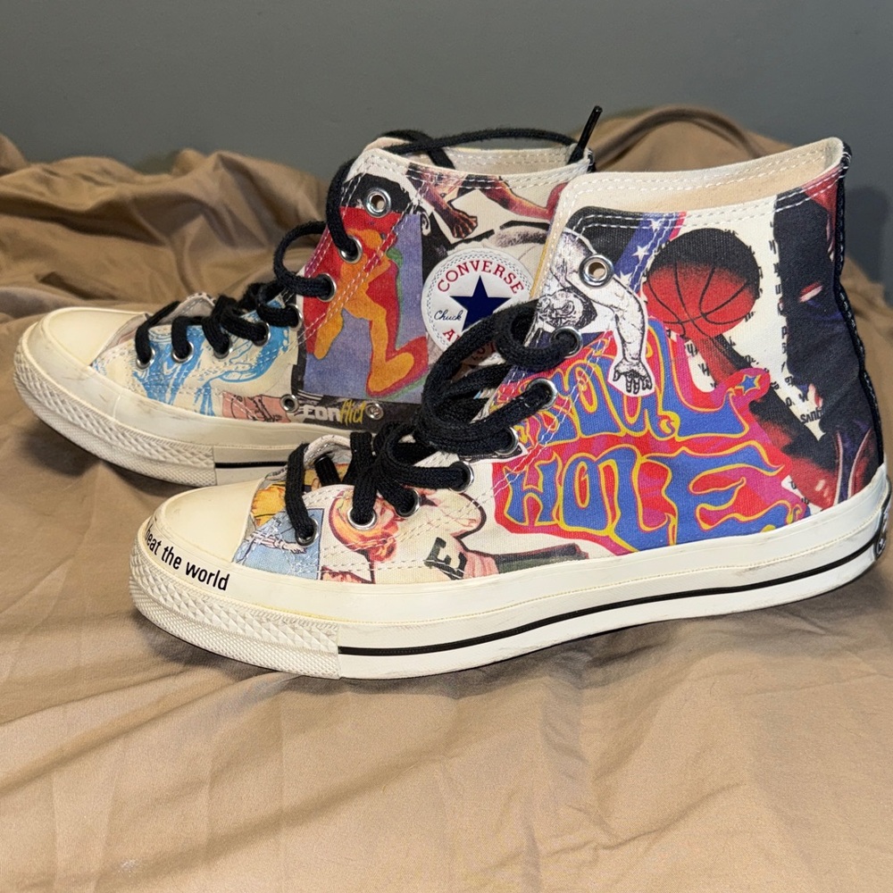 Converse‎ High-Tops with Multicolor Artistic “ Beat the World” Design